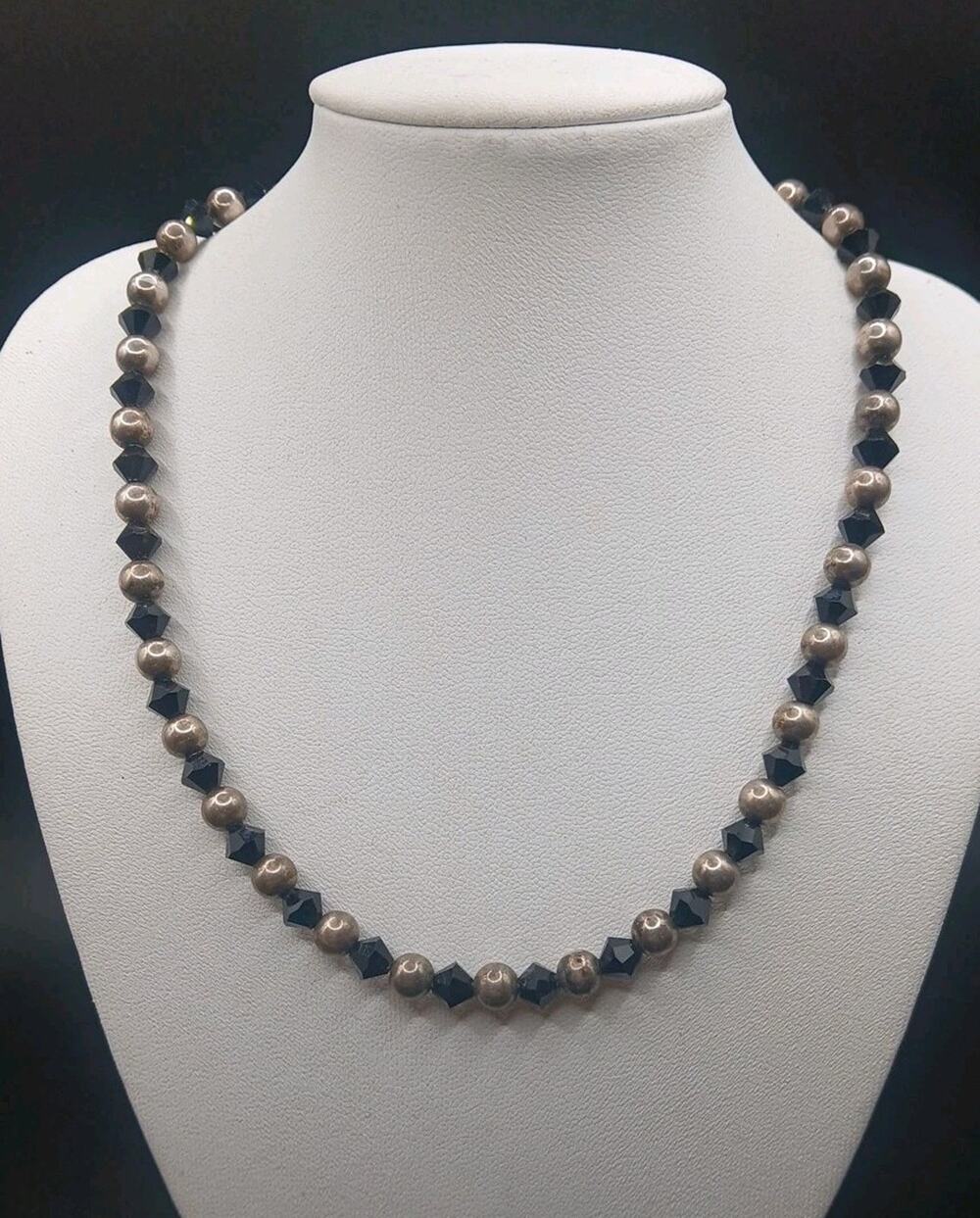 Vintage Emily Ray Sterling And Black Glass Bead Necklace